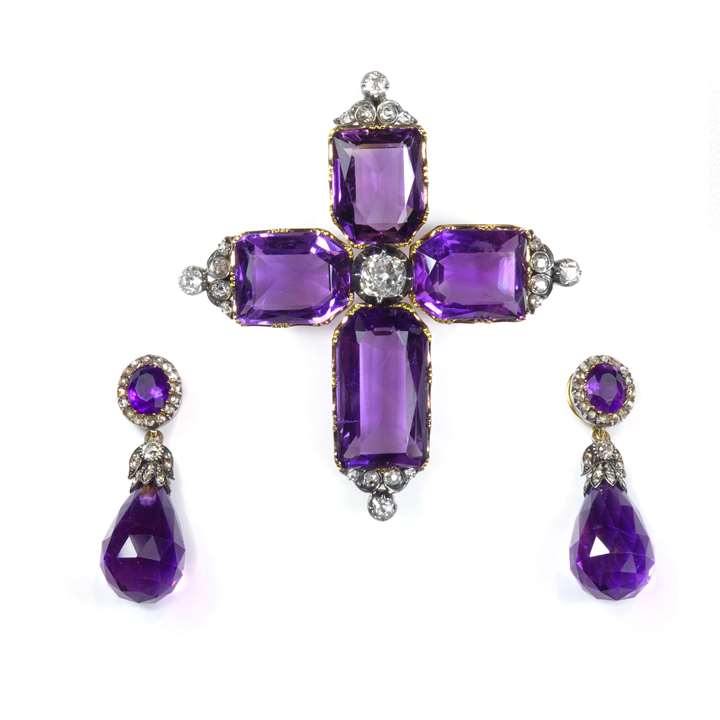 Antique amethyst suite of pendant earrings and cross, in fitted case by Parkes